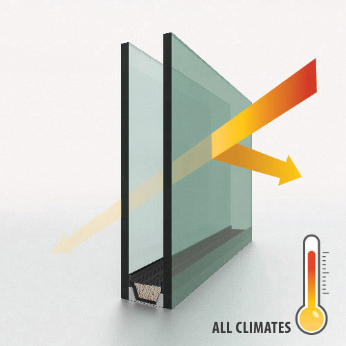 illustrated graphic of the heat being reduced in all climates through dual pane windows