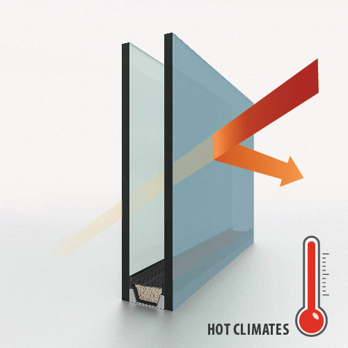 illustrated graphic of the heat being reduced in hot climates through dual pane windows